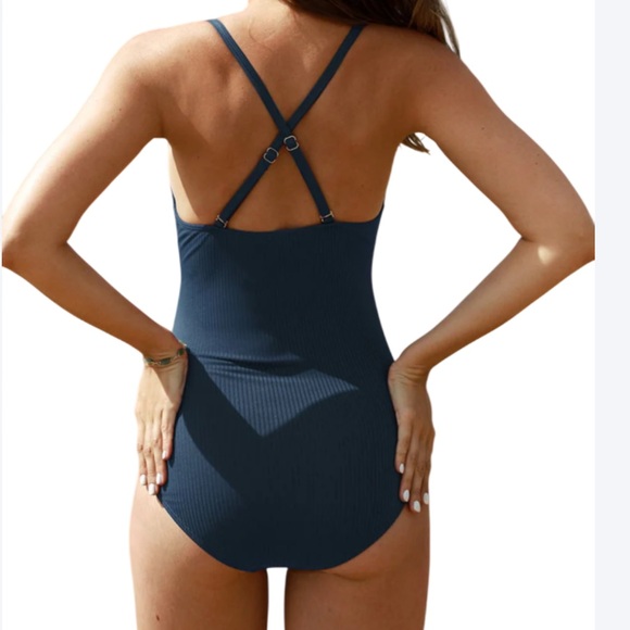 NWT Summer Mae Blue Maternity Swimsuit One Piece Ribbed, Button Front Design - Picture 2 of 12